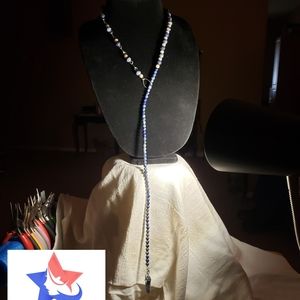 35 Inch Handcrafted Blue White Lariat Necklace Can Be Worn Over 20 Diff Ways